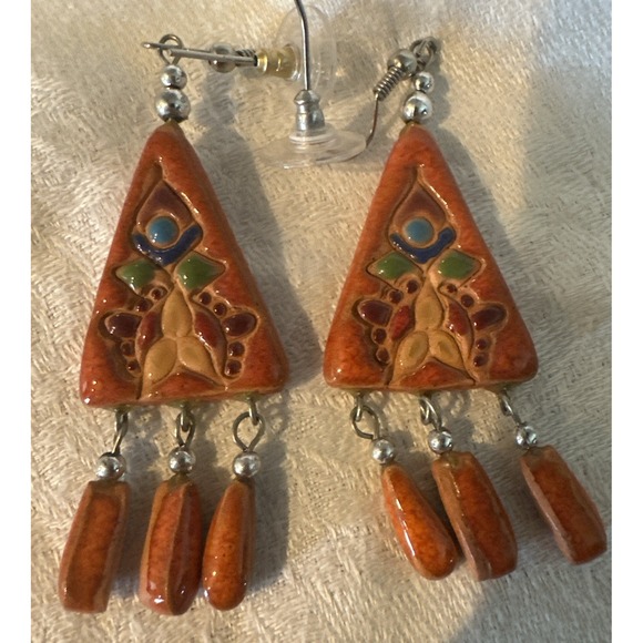Vintage Artisan Ceramic Earrings Boho Folk Art Dangle Clay Handmade - Picture 2 of 4